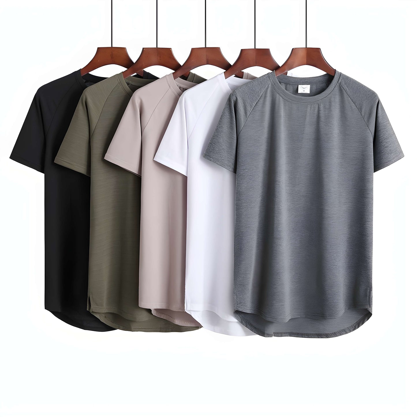 Set of five short-sleeve shirts in black, green, beige, white, and gray on hangers against a white background. [ShopZip]