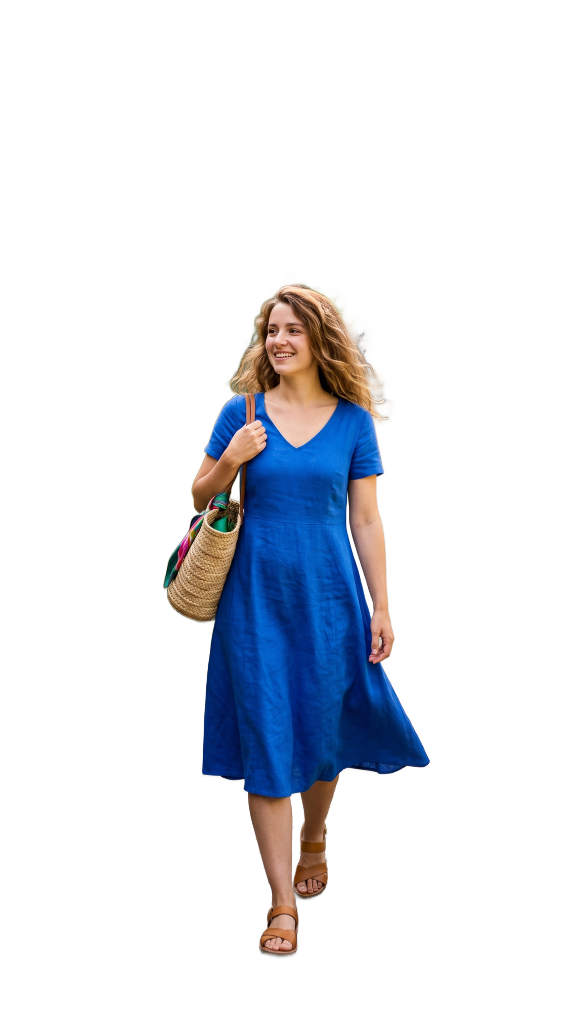 Smiling woman in a blue Taylor Store dress and sandals walks with a straw tote bag on her shoulder. Smiling woman in a blue Taylor Store dress and sandals walks with a straw tote bag on her shoulder. Smiling woman in a blue Taylor Store dress and sandals walks with a straw tote bag on her shoulder.